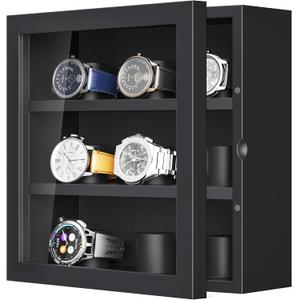 TJ.MOREE 9-Slot Watch Display Case, Wall Mount Wooden Watch Box, Vertical Storage Mens Watch Box (Black)