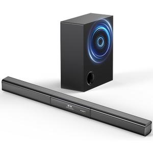 2.1 Channel Sound Bar with Wired Subwoofer, Dorby Audio 35in Detachable TV Soundbar, Bluetooth, HDMI-ARC, Optical, AUX, USB, FM, Coaxial Inputs for Home Theater
