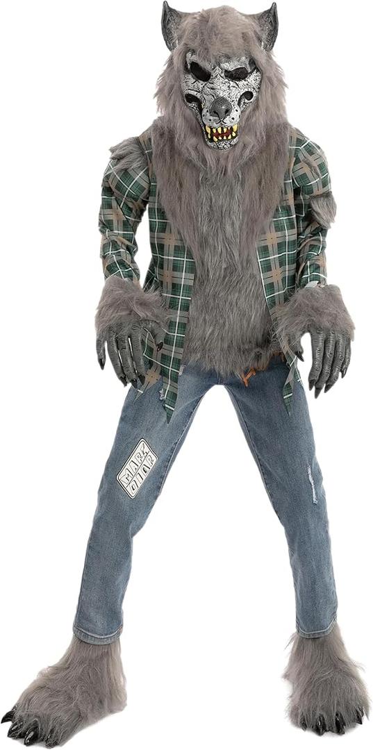 Spooktacular Creations Child Unisex Green Werewolf Costume, Halloween Werewolf Costume with Mask, Gloves and Shoes Cover,  Medium (8-10Y)