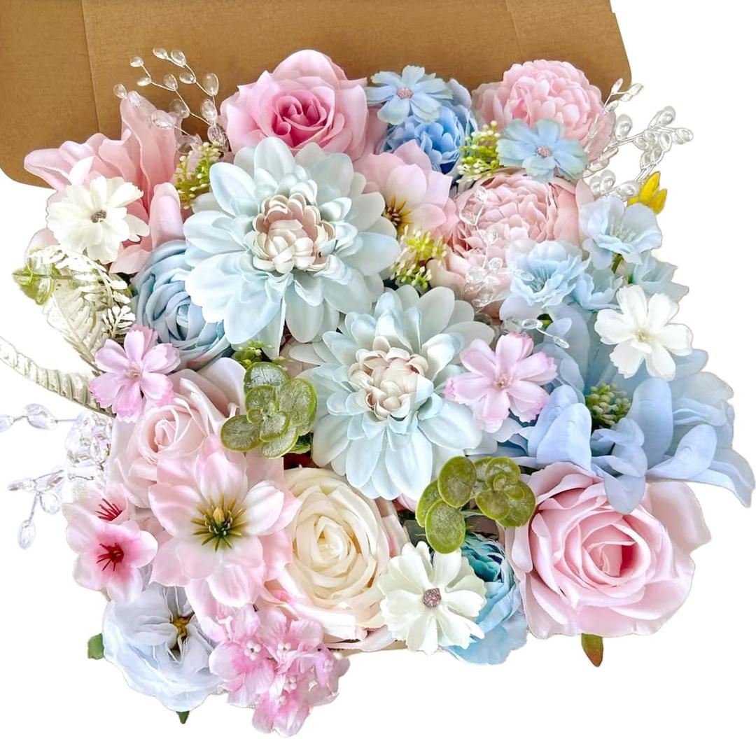 Artificial Flowers Combo Box Set Baby Blue Pink Silk Roses with Stems Crystal DIY Pastel Rainbow Bridal Wedding Bouquets Cake Fake Floral Arrangements Baby Shower Party Table Centerpieces Home Decor