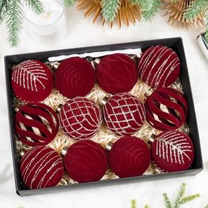 Hismir 12 Pcs 3.15 inch Velvet Christmas Tree Ornaments Bulk，6 Styles Red Flocked Christmas Balls Plastic Shatterproof Xmas Hanging Ornaments Decorations Set for Tree Garland Wreath (Burgundy)
