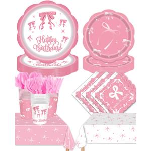194pcs Pink Bow Birthday Party Supplies for 24 Guests, Pink Bow Party Decorations Include Plates Napkins Cups Tablecloth Forks Spoons Knives, for Girl Bachelorette Decor Bridal Engagement Party