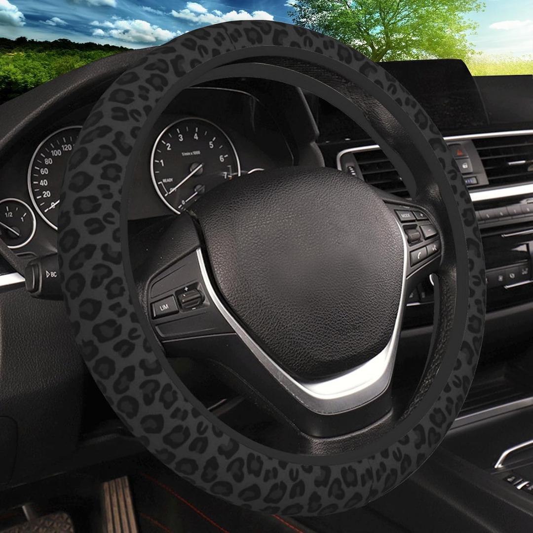 Black Leopard Print Cheetah Elastic Steering Wheel Cover, Non-Slip Breathable Neoprene Steering Wheel Covers, Women Leopard Car Accessories, Universal 15 Inch Fit Auto, Suvs, Truck