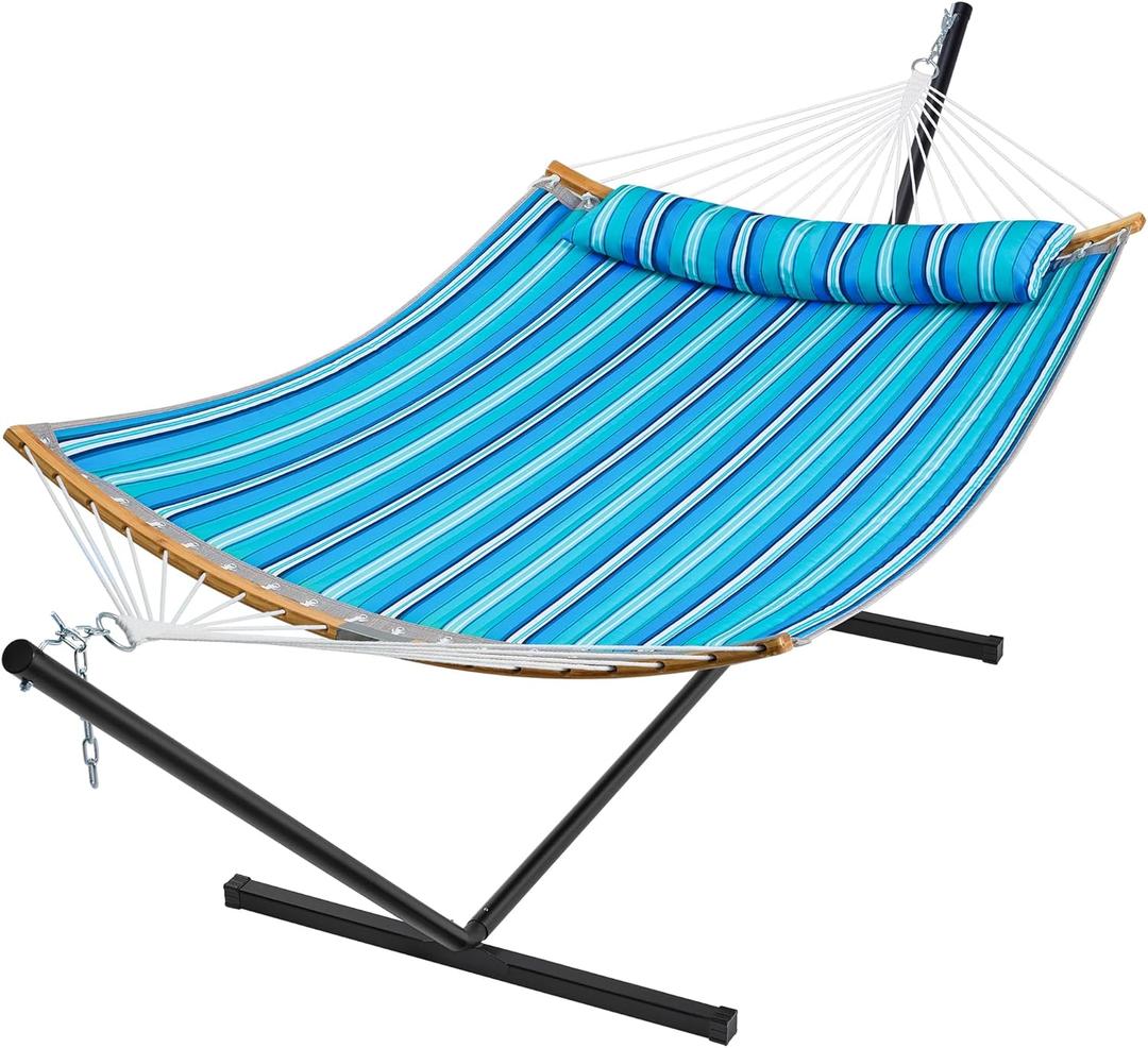 SUPERJARE Hammock with Stand, 2 Person Heavy Duty Hammock with Padded Cotton, Detachable Pillow & Strong Curved-Bar & Portable Carrying Bag, Perfect for Outdoor & Indoor, Aqua Blue
