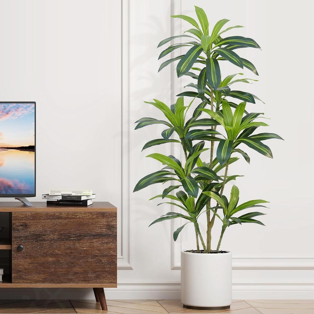 Dracaena Plant Artificial Tree 5Ft Tall Fake Tropical Floor Plants Potted (Real Touch) Artificial Silk Tree Leaf Faux Trees Black Tall Planter for Home Office Living Room Indoor Outdoor Decor