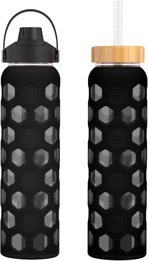 32 oz Glass Water Bottles with 2 Lids - Handle Spout Lid & Bamboo Straw Lid, Motivational Water Tumbler with Time Marker Reminder and Silicone Sleeve, Dishwasher Safe (Black-1 Pack)