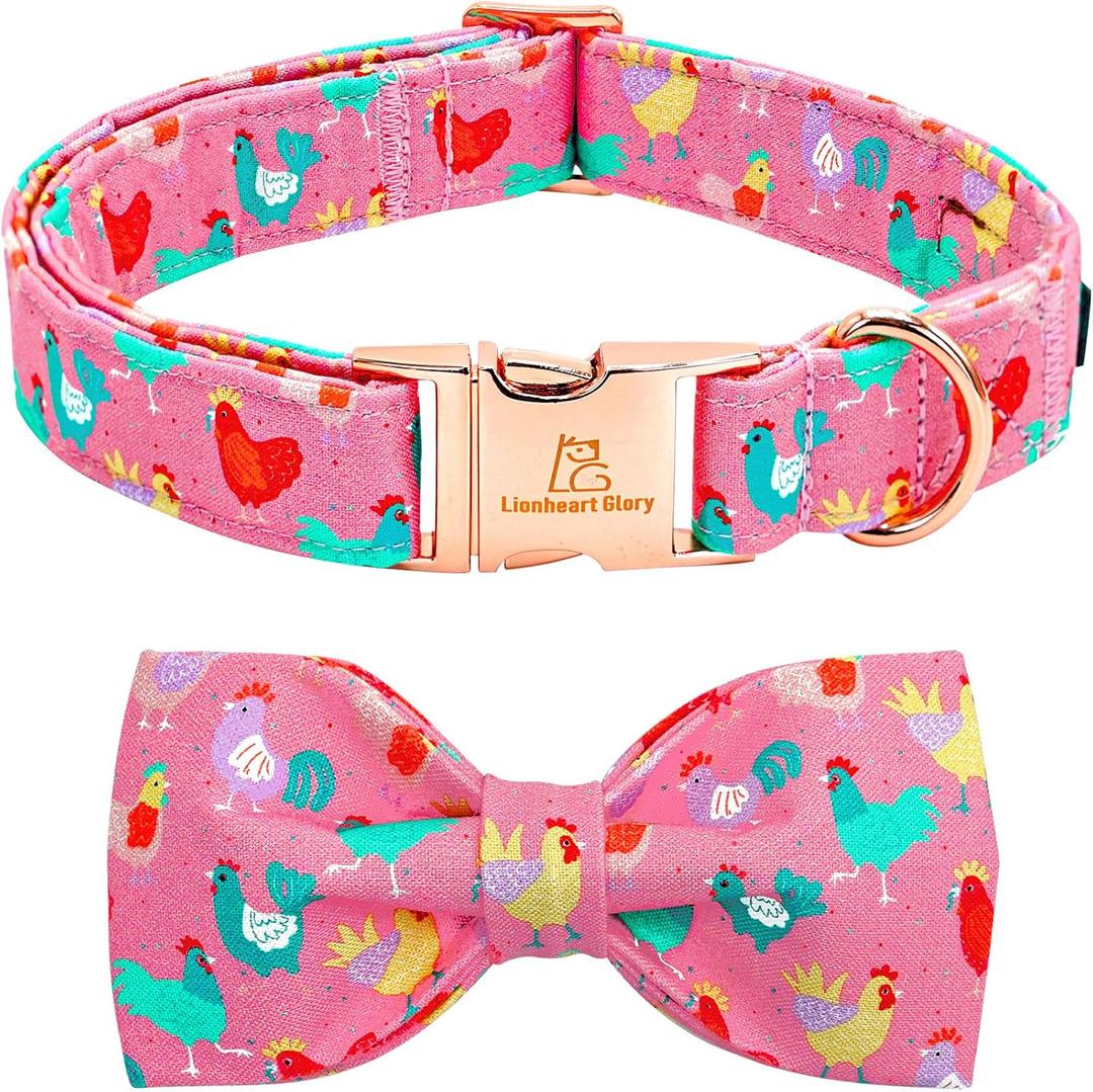 Lionheart glory Dog Bow Collar Easter Day Dog Collar for Medium Dogs,Easter Chickens Colorful Dog Collars with Bowtie Spring Pink Collars Pet Collar Bows
