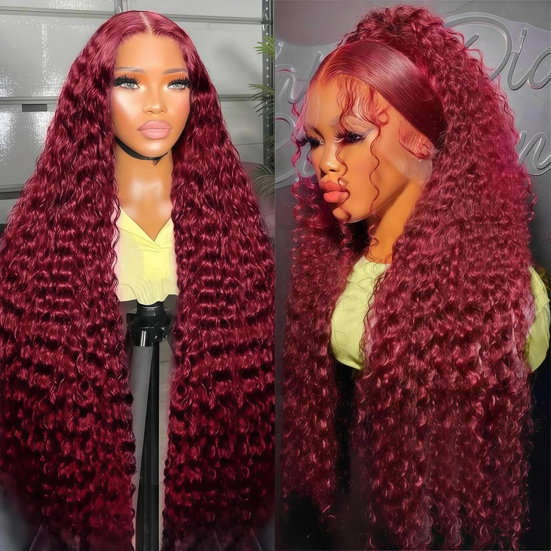 OUX Burgundy Wig Human Hair Real 280 Density 13x6 Deep Wave Lace Front Wigs Human Hair 99j Burgundy Lace Front Wigs Pre Plucked Red Colored Wigs Triple Lifespan (30 Inch)