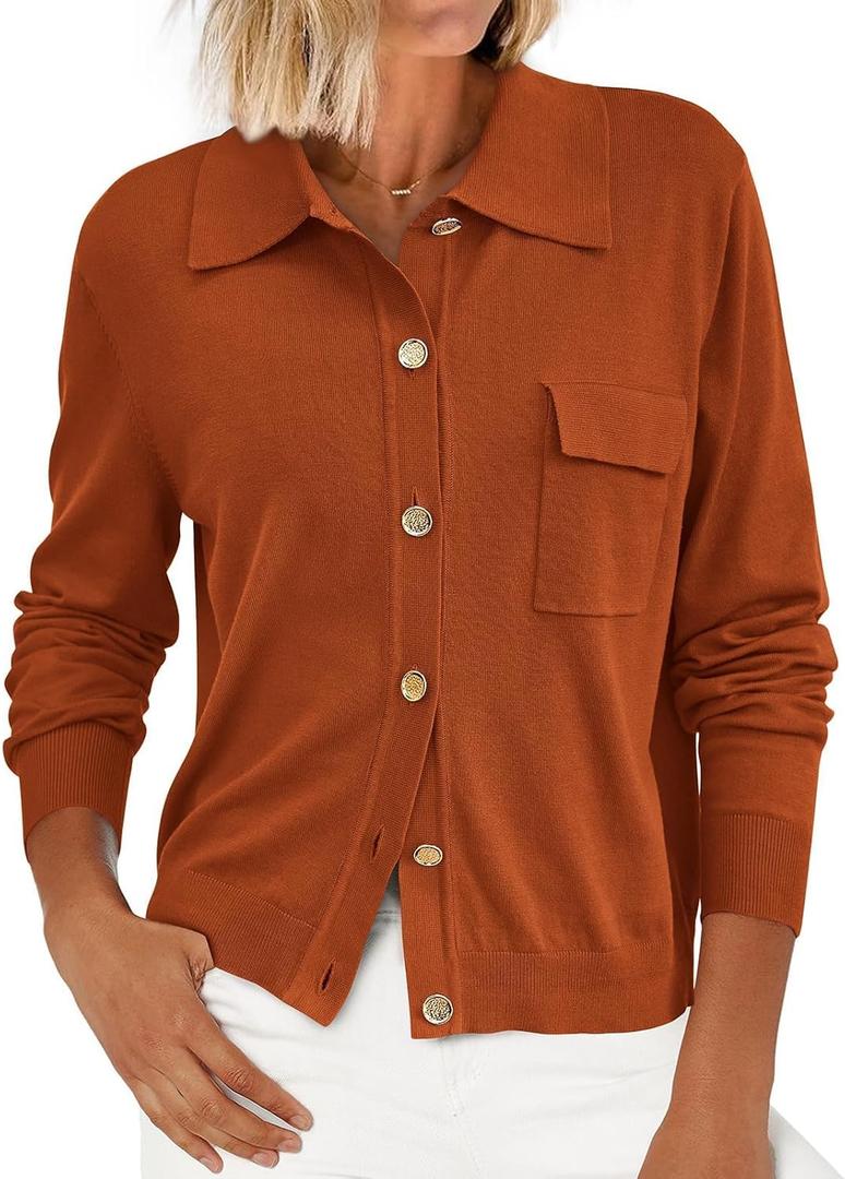 PRETTYGARDEN Women's 2025 Fall Long Sleeve Knitted Button Down Shirts Lightweight Cardigan for Women Dressy Casual Tops (Large, Caramel)