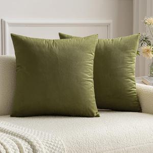 MIULEE Velvet Soft Soild Microfiber Decorative Square Pillow Case Throw Cushion Cover for Sofa Bedroom with Invisible Zipper 18x18 Inch 45x45cm Army Green Set of 2 Lined
