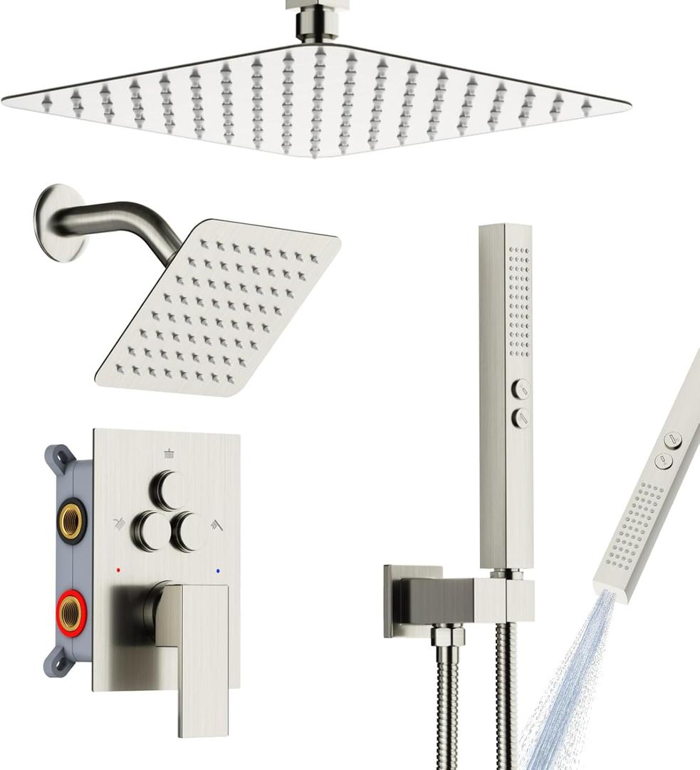 Shower Faucet Set Shower System - EMBATHER Brushed Nickel Push Button Diverter Dual Shower Faucet Valve Kit with Rain Ceiling Mount 10 Inch Shower Head 6 Inch Wall Mount, 2 in 1 Handheld for Couple