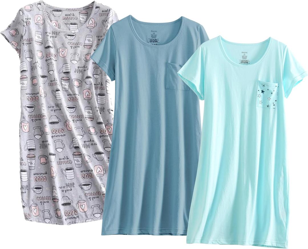 PNAEONG Pack of 3 Women's Cotton Nightgown Sleepwear Short Sleeves Shirt Casual Print Sleepdress (X-Large)