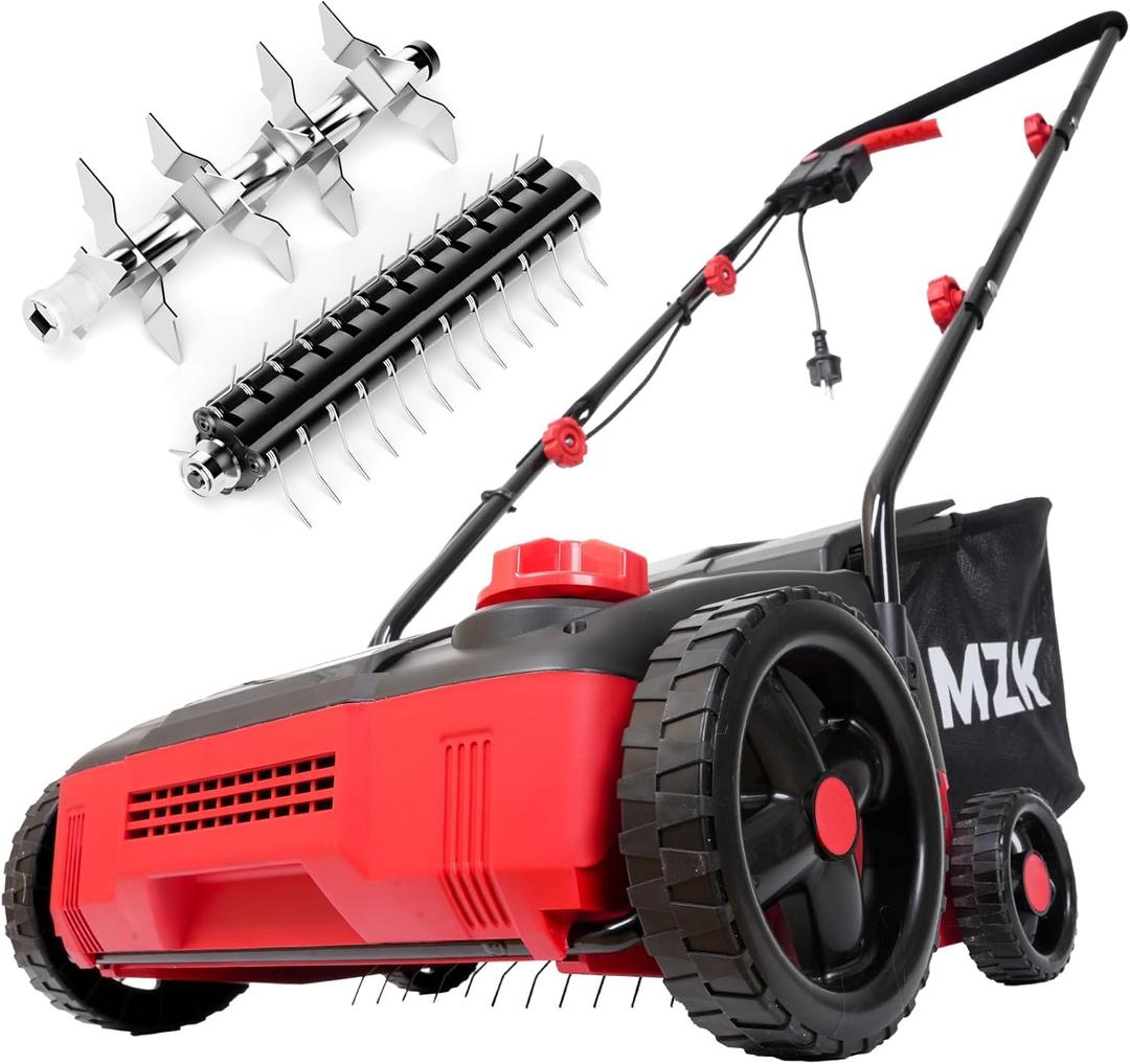 MZK 13-inch 12-Amp 2-in-1 Electric Dethatcher and Scarifier w/Removeable 8-Gallon Collection Bag, 4-Position Height Adjustment, Keep Lawn Health