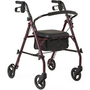Medline Steel Rollator Walker with Seat, Burgundy, 350 lb. Weight Capacity, 6 Wheels, Foldable, Height Adjustable, Rolling Walker for Seniors, Walker for Mobility Impaired