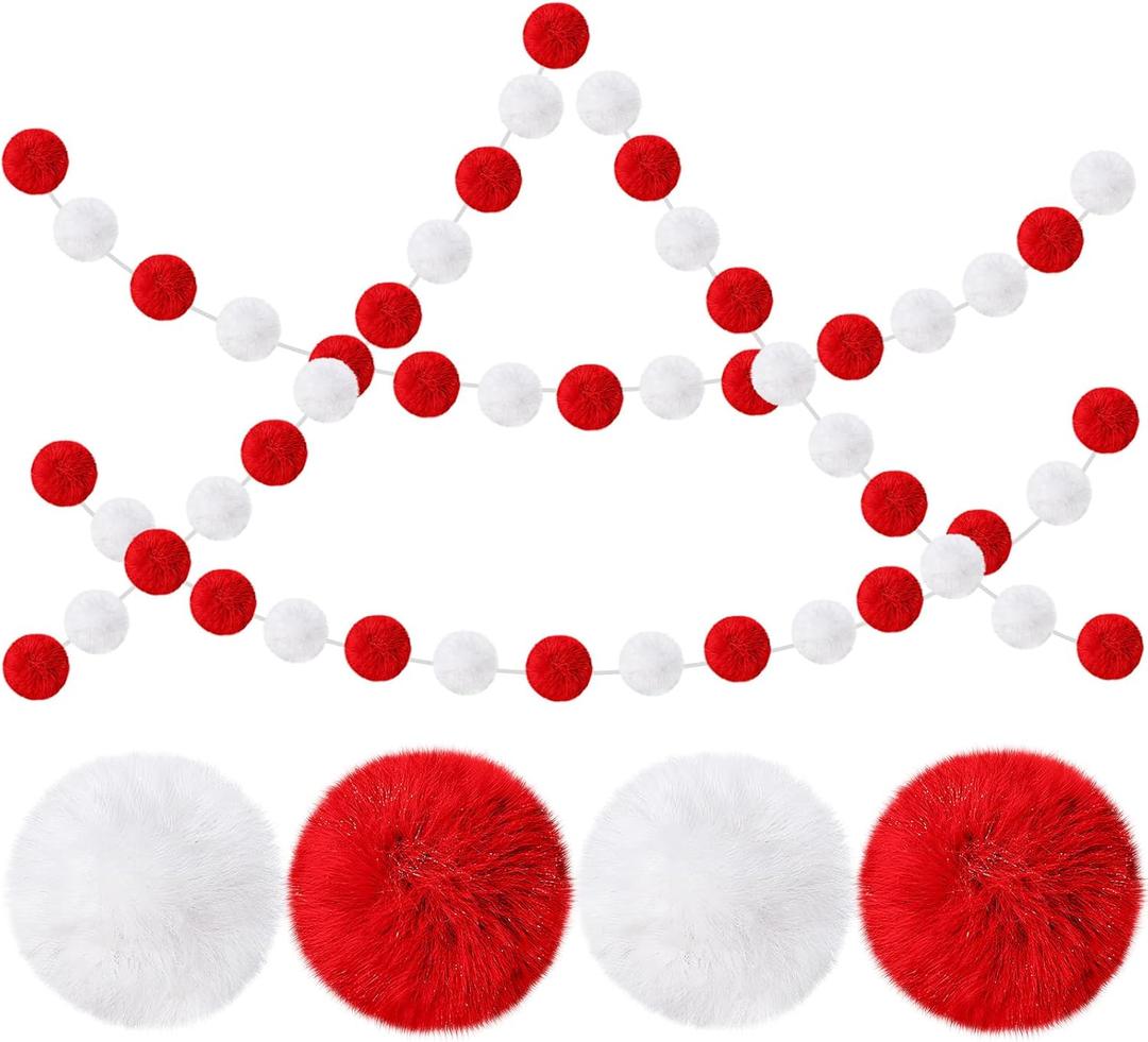 2 Pack Large Pom Poms Garland Hanging Winter Decorations Colorful Soft Faux Fur Ball Garland for Christmas Holiday Birthday Wedding Baby Shower Party Supplies(Red White,3.15 Inch)