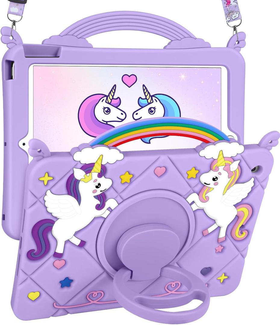 for iPad 9th/8th/7th Generation Case 10.2 Inch - Cute Girls Kawaii Cover Girly 3D Cartoon Teen with Rotating Stand & Strap Purple Soft Silicone Cases for iPad 7/8/9 Gen 2021 2020 2019