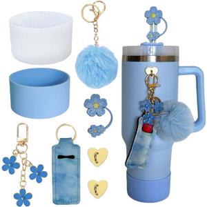 Accessories for Stanley Cup 40oz,2 Silicone Boots for Stanley Tumbler,1 Flower Straw Cover Topper,2 Charms Hooks,1 Lipstick Holder Bag,1 Pompom Ball,1 Cute Keychain Charms (Light Blue) 2 Pack