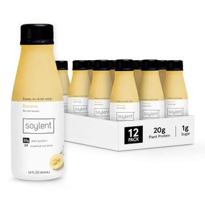 Soylent Banana Meal Replacement Shake, Ready-to-Drink Plant Based Protein Drink, Contains 20g Complete Vegan Protein and 1g Sugar, 14oz, 12 Pack, Best By: 03/06/2026
