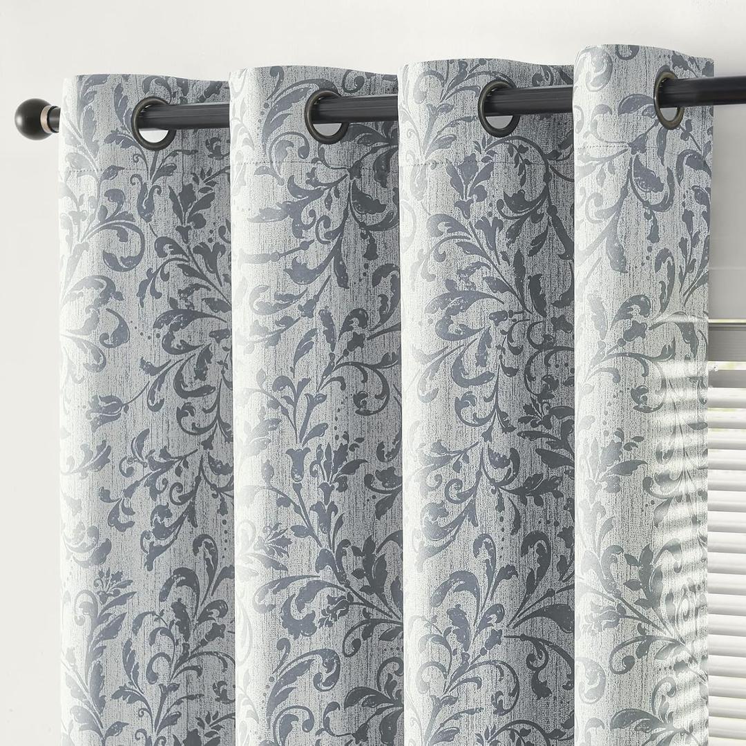 jinchan 100% Blackout Curtains for Bedroom 72 Inches Long Silver Grey Scroll Floral Window Curtains for Living Room Farmhouse Vintage Drapes Thermal Insulated Grommet Window Treatments 2 Panels Set