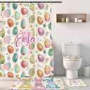 Teenyyou 4 Pcs Happy Easter Shower Curtains Set with Non Slip Rug Funny Rabbit Colorful Eggs Flower Bathroom Decor Toilet Lid Cover and Bath Mat Easter Eggs Shower Curtain with 12 Hooks