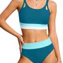 Boiltcat Teen Swimsuits for Girls 13-14 Bathing Suits for Teens Girls Bikini Sets Scoop Neck Color Block 2 Piece Girl Bathing Suit Size 13-14 Adjustable Straps Blue-Green