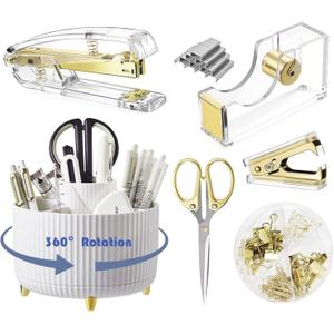 Desk Organizers and Accessories Set with 360-Degree Rotating Pen Holder, Acrylic Stapler, Tape Holder, Staple Remover, Binder/Paper Clips Kit, Scissor and 1 Box of Staples