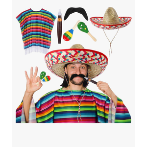 Unittype 6 Pcs Mexican Costume Set Sombrero Hat Serape Striped Crop Top Mustache Maracas Outfit Fiesta Party Decorations