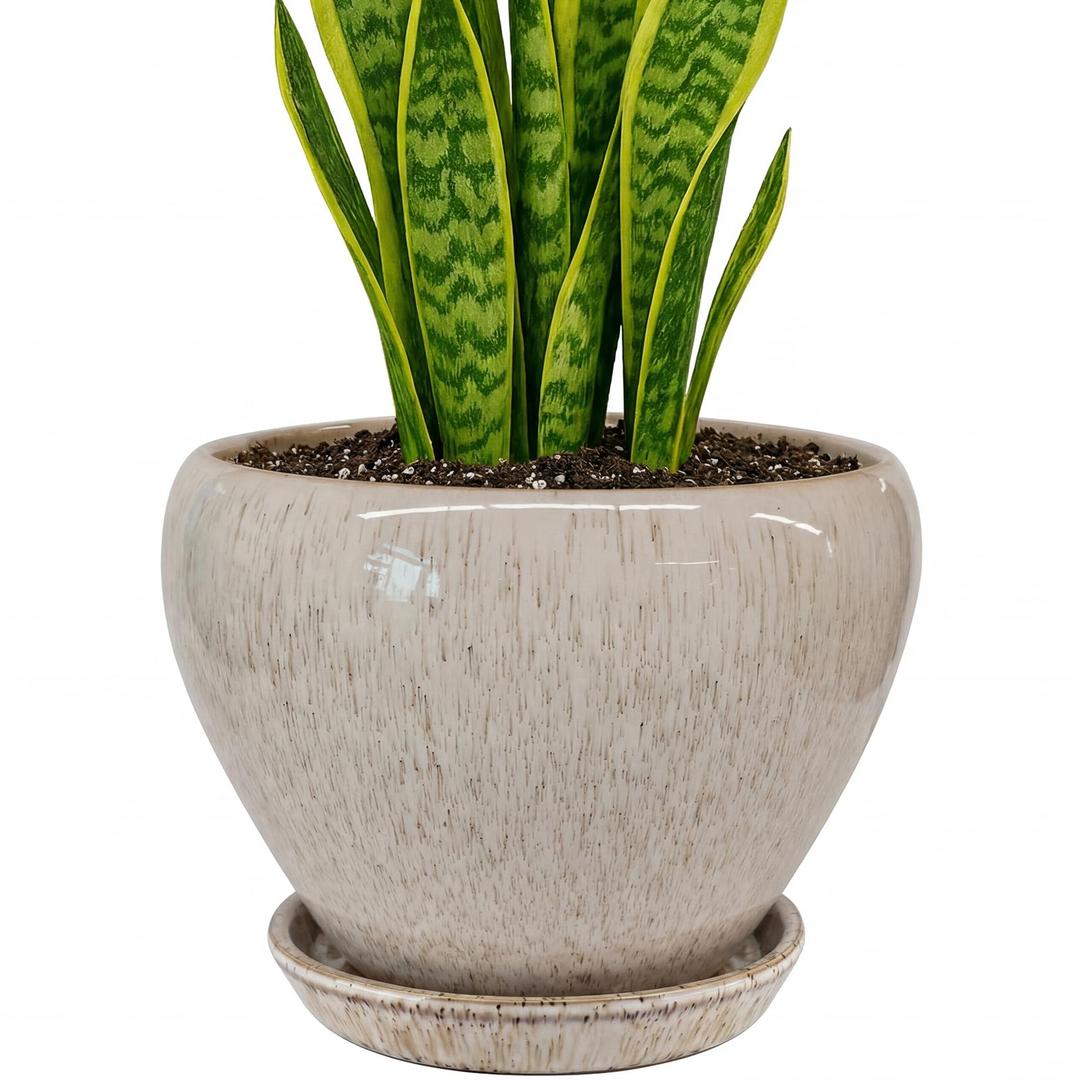 Deep Dream 10 Inch Plant Pot- Ceramic Planter Pot Round Plant Pots for Indoor Plants Outdoor Large Flower Pot with Drainage Holes & Trays, Brushed Green