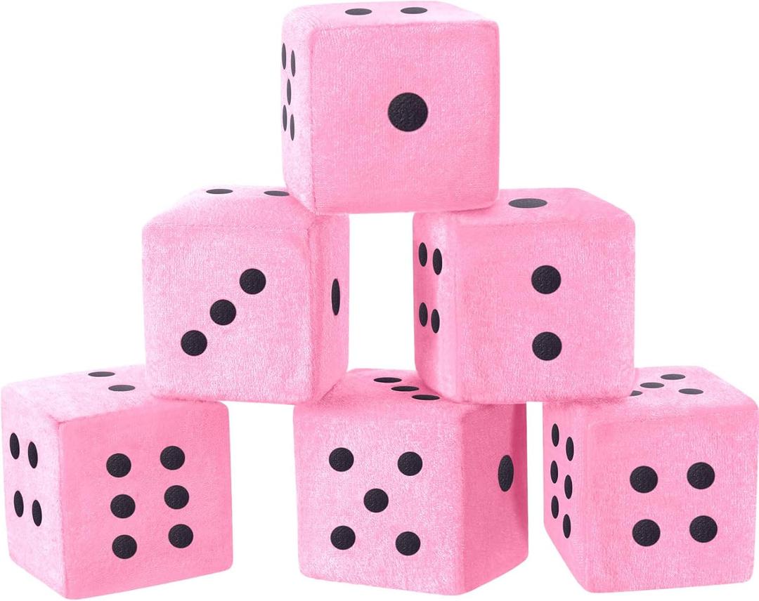 Simgoing 6 Pcs 3 Inch Large Pink Plush Dice Jumbo Square Dice Toys Pillow for Educational Toys Casino Game Themed Nights Party Decorations