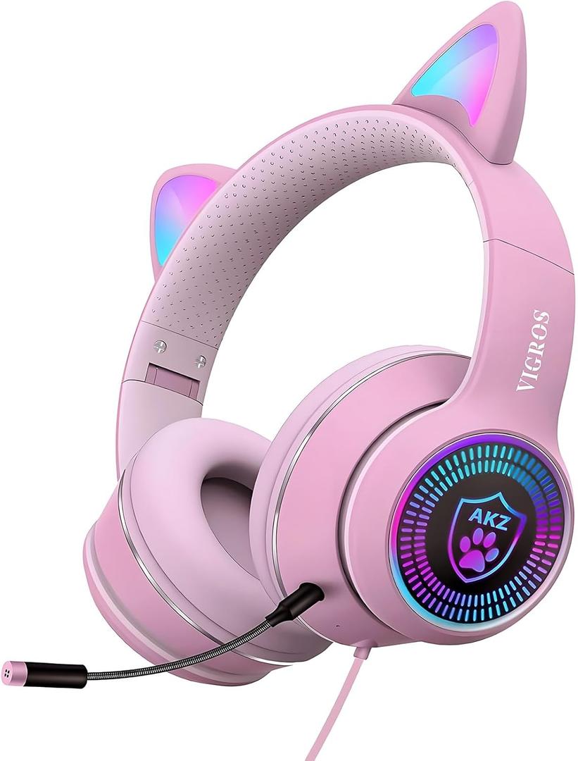 Cat Ear Gaming Headphones Wired AUX 3.5mm with LED Light, VIGROS Flashing Stereo Game Headphones Surround Sound Over-Ear Headsets with Microphone Fit Kids & Adult for PC, PS4, Switch, Mobile, Laptop (Pink)