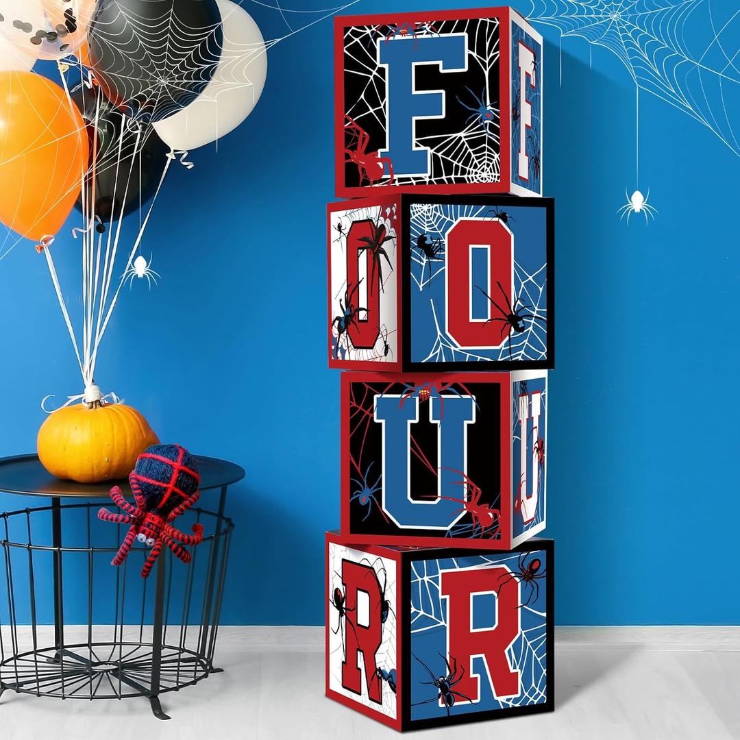 Feifeiya 4 Pcs Spider 4th Birthday Decoration Spider Theme Balloon Boxes One Baby Letter Box Theme One Blocks for Boy Fourth Birthday Party Decoration Backdrop Photoshoot Props