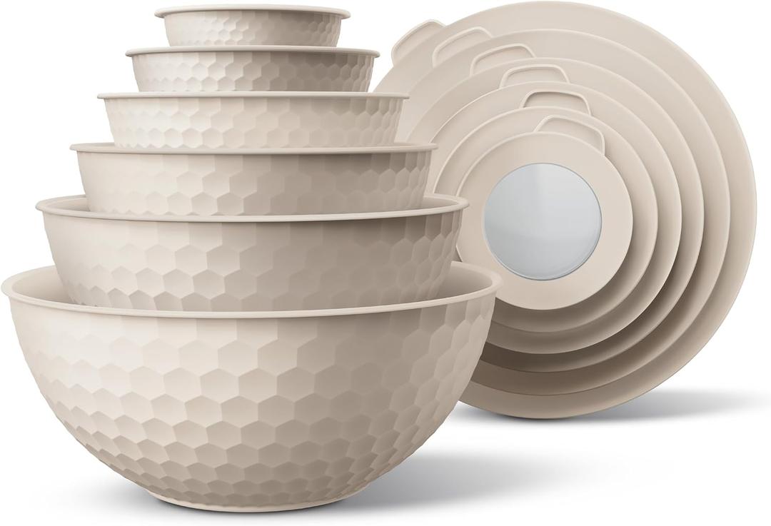 COOK WITH COLOR Mixing Bowls with Lids - 12 Piece Plastic Nesting Bowls Set includes 6 Prep Bowls and 6 Lids, Microwave Safe Mixing Bowl Set, Cream Embossed