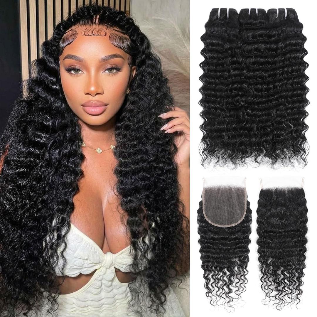 12A Deep Wave Bundles with Closure (24" 26" 28"+20") Deep Curly 3 Bundles and 5x5 HD Lace Closure Wet and Wavy Natural Black 100% Brazilian Human Hair Extensions Burmese Curly Quick Weave Bundle