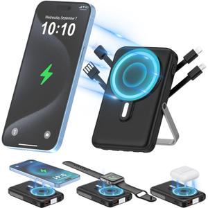 Wireless Portable Charger 10000mAh,3-in-1 Magnetic Power Bank with Built-in Cables LED Display,22.5W Fast Charging Mag-Safe Battery Pack for iPhone 15/14/13/12, Apple Watch Series, Airpods (Black)