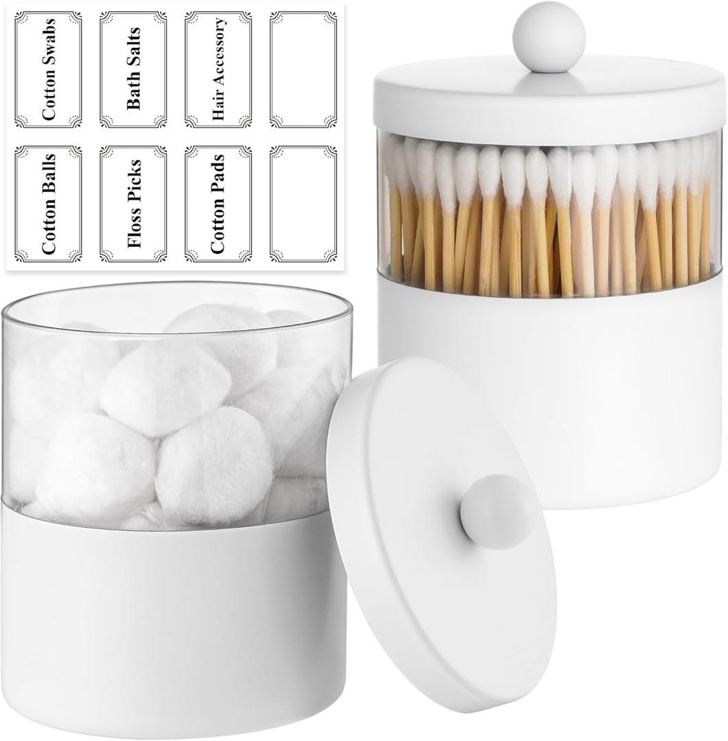 Gaussra White Apothecary Jars, White Qtip Holder - Stainless Steel Bathroom Jar with Stickers - Farmhouse Decor Qtip Dispenser for Qtips, Cotton Balls, Swabs, Makeup Sponges (2-Pack)