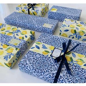 ECOARTTE Summertime Lemons and Moroccan Tile Wrapping Paper set includes: 6 Reversible Sheets 28x20, 6 Adhesive Gift Tags and 3 yards of Ribbon. The Paper is 100% Recyclable, Great for Weddings & More (Blue Yellow)
