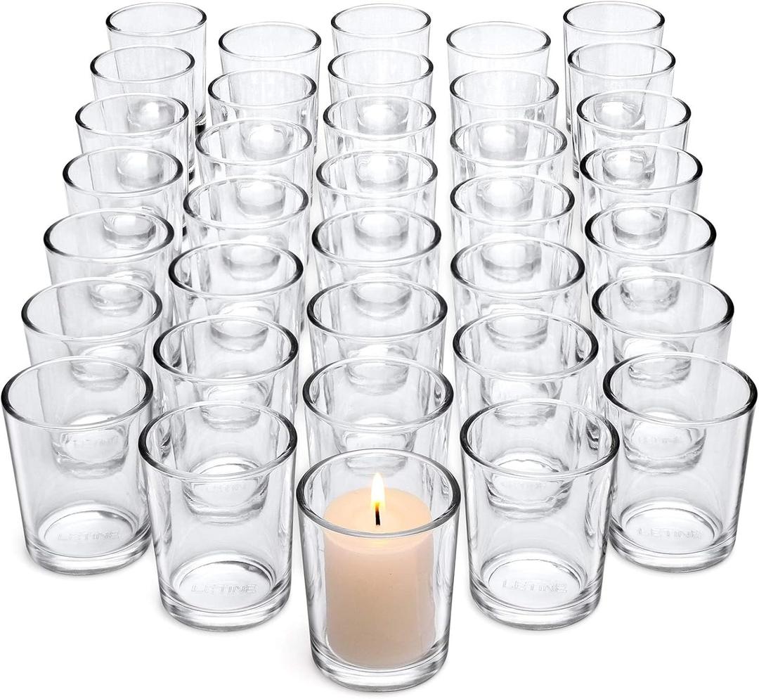 LETINE 72-Pack Votive Candle Holders Designed for Wedding Decor - Glass Candle Holder & Tea Lights Candle Holder - Candle Holders for Christmas, Spring Wedding Centerpiece Table, Party Dinner Decor (Clear)
