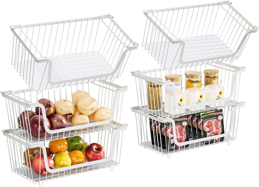 GAOKASE 6 Pcs Stackable Wire Baskets for Pantry Organizers and Storage,Vegetable Fruit Basket for Countertop,Kitchen Storage Metal Baskets,Produce Potato Onion Storage Bin,White
