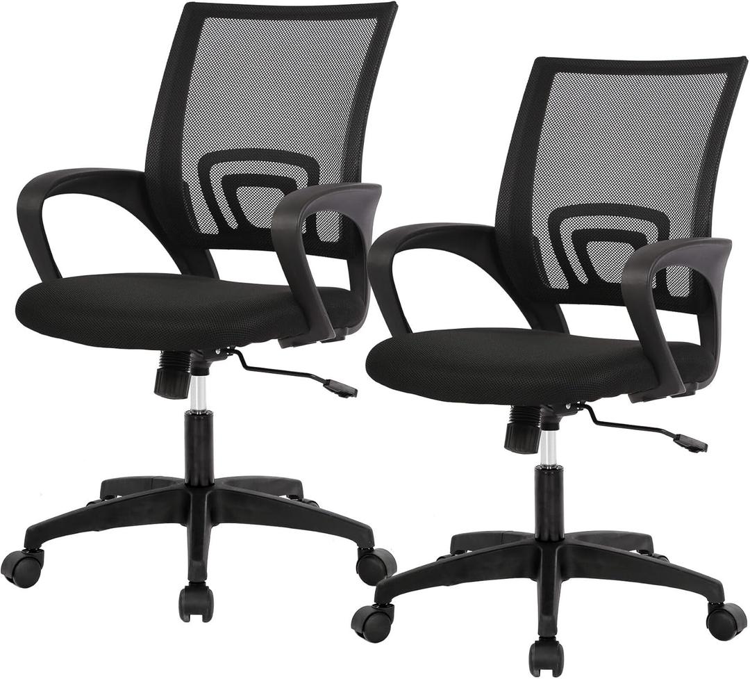 BestOffice | Ergonomic Office Chair | Mid-Back Swivel Desk Chair | Breathable Backrest & Lumbar Support | Adjustable Height | Sponge Seat | Rolling Wheels | Dark Black | for Adults & Women