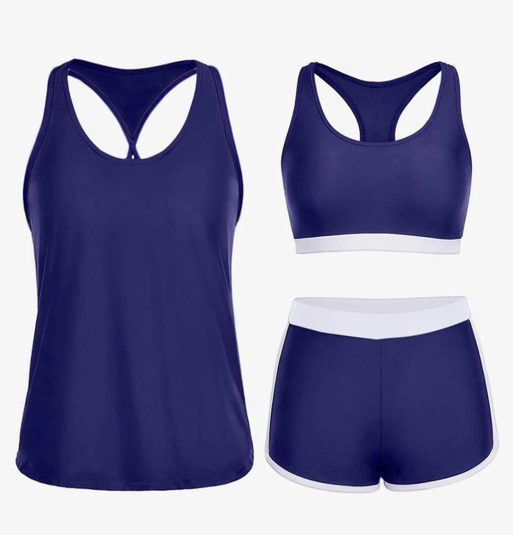 Yonique 3 Piece Athletic Tankini Swimsuits for Women with Shorts Swim Tank Tops with Sports Bra and Boyshorts Bathing Suits Blue White XL