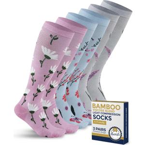Pembrook Bamboo Viscose Light Compression Socks - 3 Pairs | 8-15 mmHg Compression Socks | Knee High Comfort Support Socks, Medium 