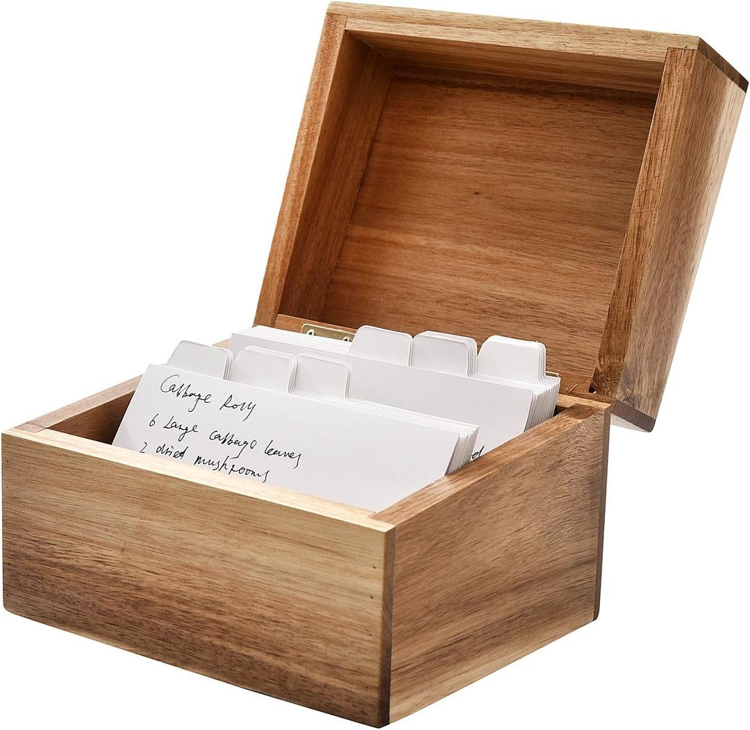 WELLAND Recipe Box with Card Divider Recipe Card Set, Acacia Wood