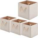 Foldable Bamboo Fabric Storage Bins [set of 4] with Cotton Rope Handles, Collapsible Organizer Boxes Basket - 10.5 x 10.5 x11 inch (Beige)