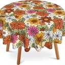 70s Retro Floral Round Tablecloth 60" Diameter for Indoor and Outdoor, Daisy Waterproof Table Cloth Cover Decorative for Party Holiday Dining Tabletop Home Decor