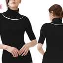v28 Women Turtleneck 1/2 Half Sleeve Highly Stretchy Ribbed Knit Fitted Sweater (Black, M)
