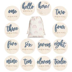 Burbell 7 Pack 3D Baby Monthly Milestone Card Signs Baby Announcement Sign Double Sided Hello World Newborn Signs Wooden Circles Discs for Welcome Newborn Boy Girl Photo Props(Slate Blue,Letter)