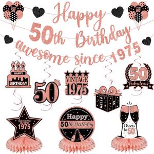 2 x 12Pcs 50th Birthday Decorations for Women Pre-Strung Black and Rose Gold Glitter Happy 50th Birthday Awesome Since 1975 Banner Honeycomb Centerpieces Swirls Fifty Party Supplies