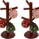 Mug Tree Set of 2 | 13.5"x7"x7", 6 Hooks Cup Holder with Thick Rubberwood Base, Wooden Coffee Mug Holder Stand for Countertop, Kitchen Table, Cup Organizer Rack for Mugs or Utensils (Brown)