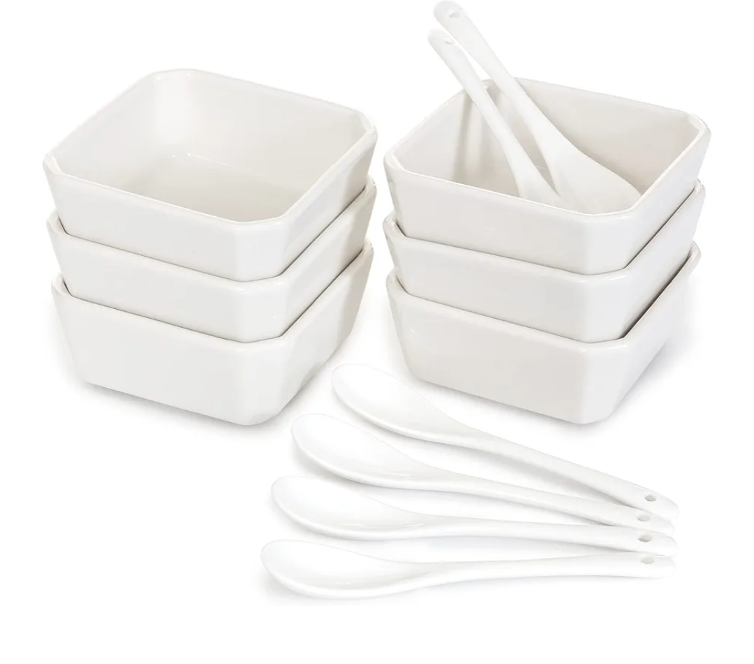 6 Oz White Porcelain Serving Bowls Set – 6 Small Bowls and 6 Serving Spoons – Sturdy, Oven- and Dishwasher-Safe Ceramic Condiment Cups for Sauces, Desserts and Appetizers