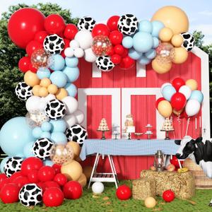 170Pcs Cowboy Western Balloons Arch Garland Kit,Red and Blue Cow Print Balloons for Western Cowboy Cowgirl Farm Animal Themed Baby Shower Birthday Party Decorations Supplies